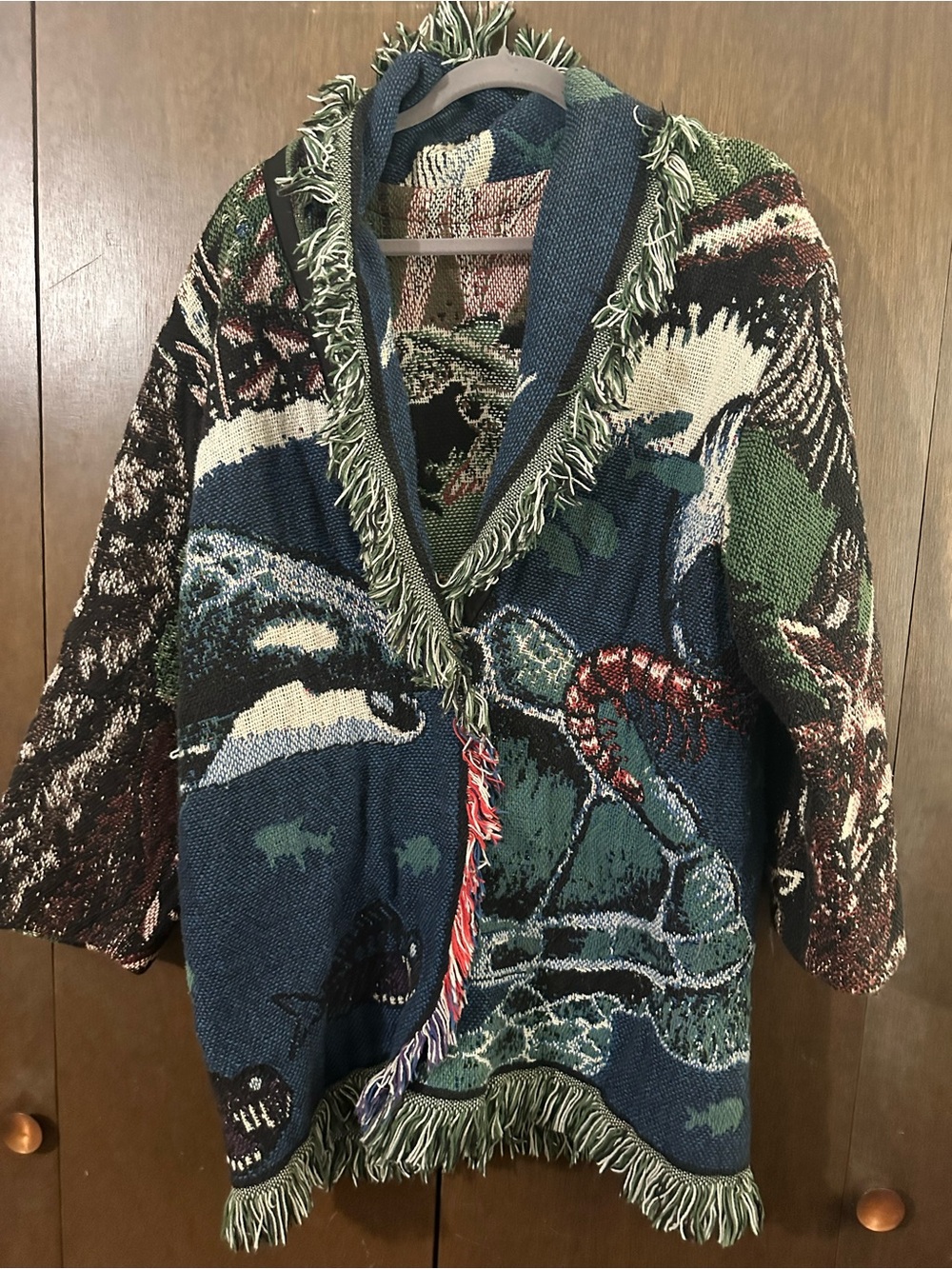 Handmade Fringed Boho Blanket Tapestry Knit Cardigan Blue & Green Animals Sz XL - Picture 15 of 16